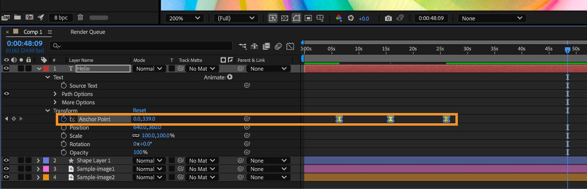 Transform properties are twirled open and Anchor point selected in the Timeline panel.