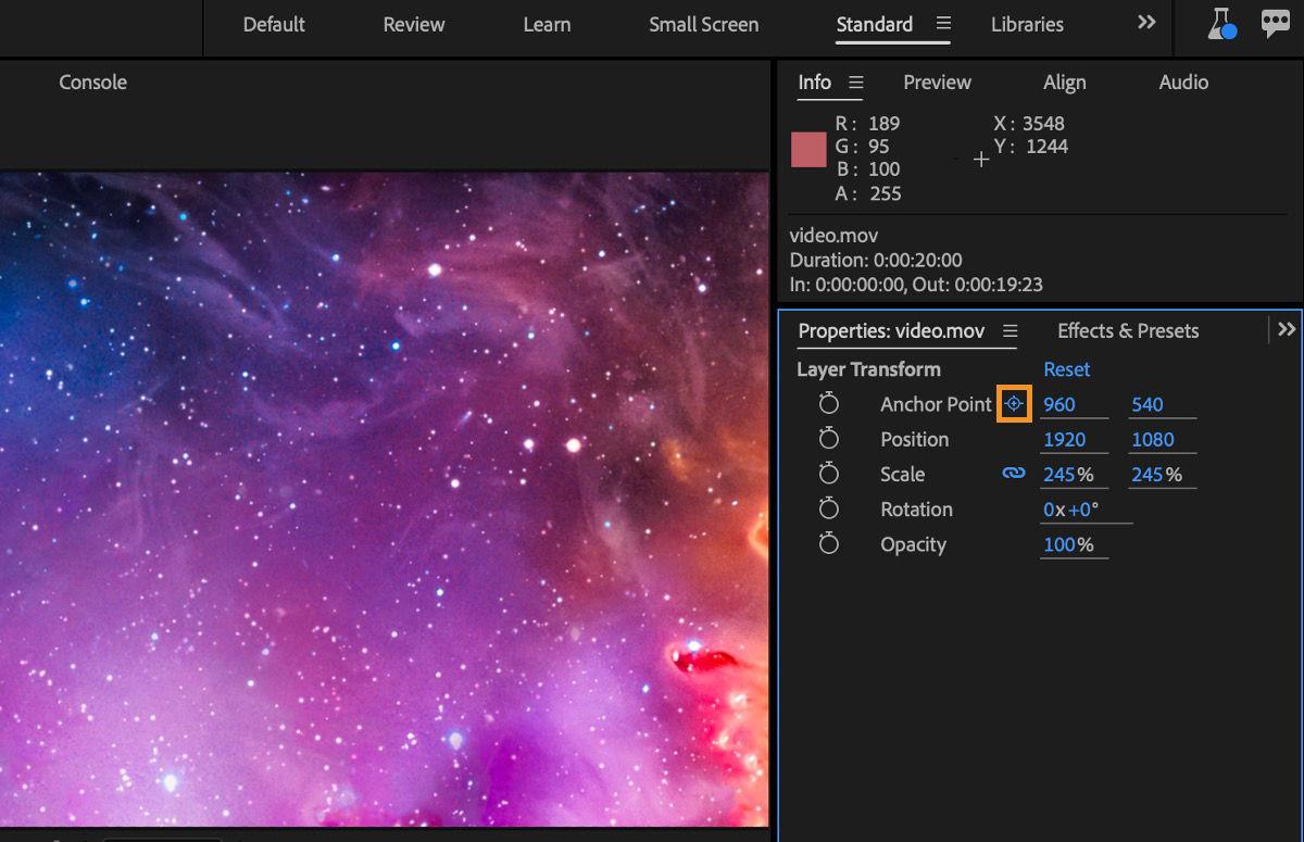 In the Properties panel, the Anchor Point icon is highlighted.