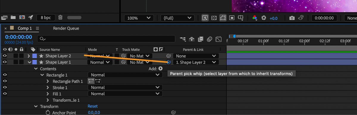 In the Timeline panel, a layer is added as a parent layer using Parent pick whip.