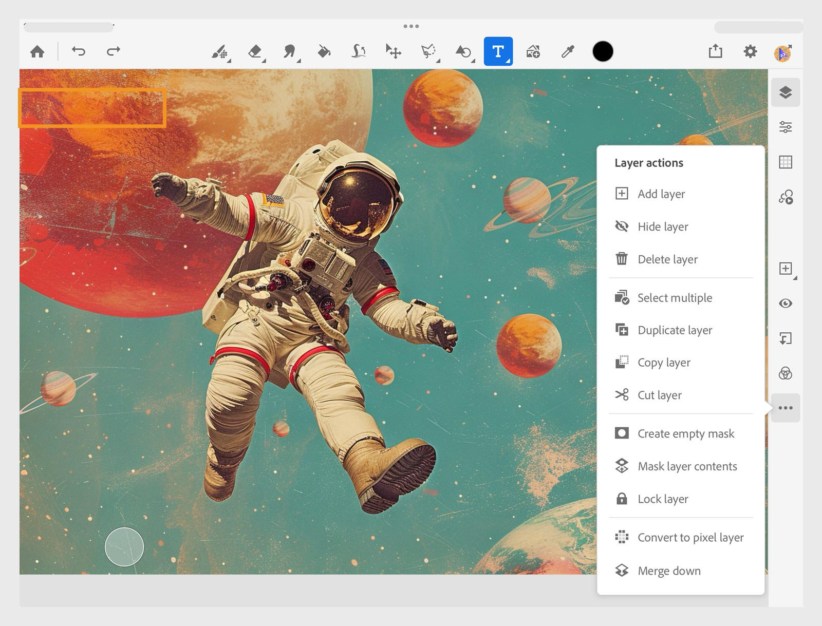 Layer actions menu open with options for adding, duplicating, masking, and converting layers.