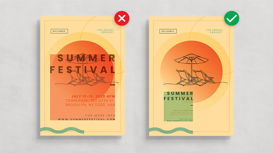 Image of two posters for a Summer Festival but one has the title over the design so is too visually busy