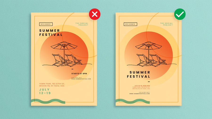 Two depictions of a Summer Festival poster, one has the event details together in a space that easy to read