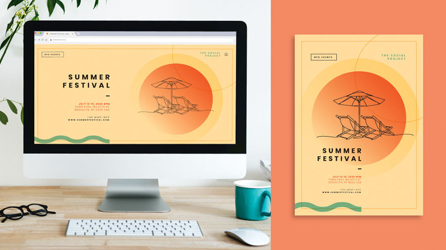 Image of a matching Summer Festival event promo on a desktop and on a poster