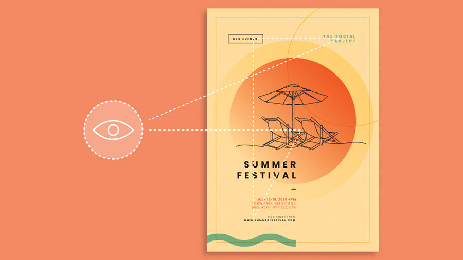 Image of an event poster with an eyeball icon connecting to a white line showing the way eyes will travel through the poster