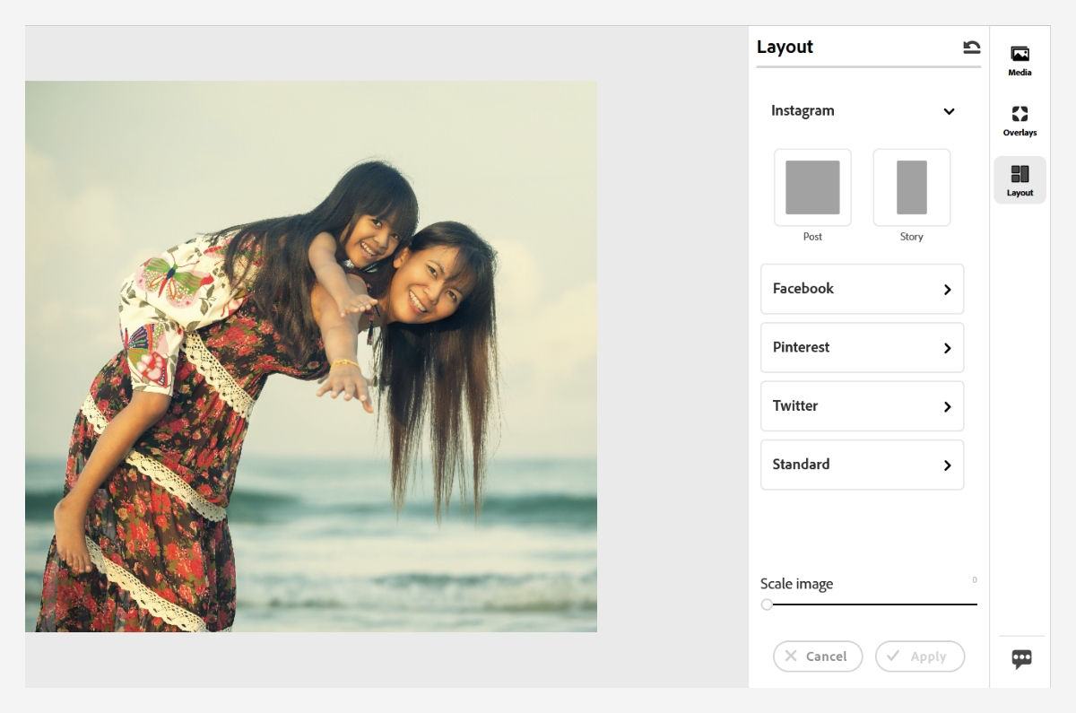 Explore standard presets for  Facebook, Pinterest, Twitter, etc. within the Layout panel.