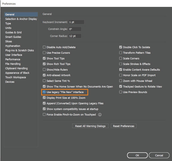 Preferences dialog to use the legacy file new experience
