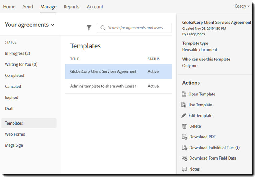 Templates on the Manage page