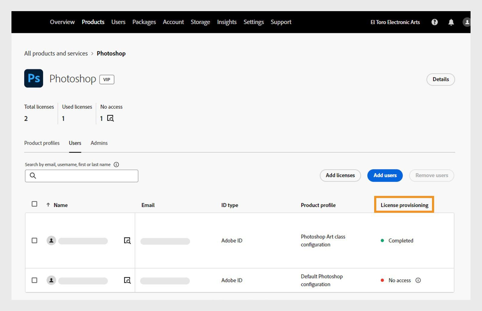 The Photoshop product page with the users tab open and the license provisioning field highlighted.