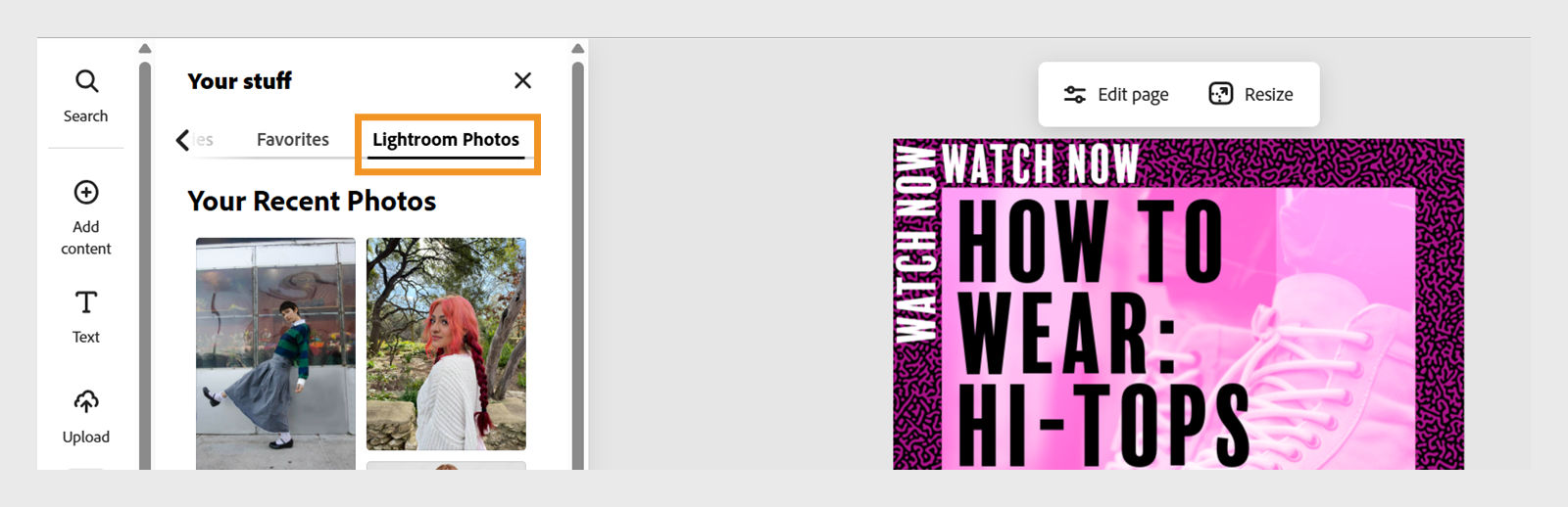 The Adobe Express editor displays the “Your stuff” panel on the left with the Lightroom Photos tab selected, showing recent Lightroom photos. On the right, a design titled “HOW TO WEAR: HI-TOPS” is open in the editor.
