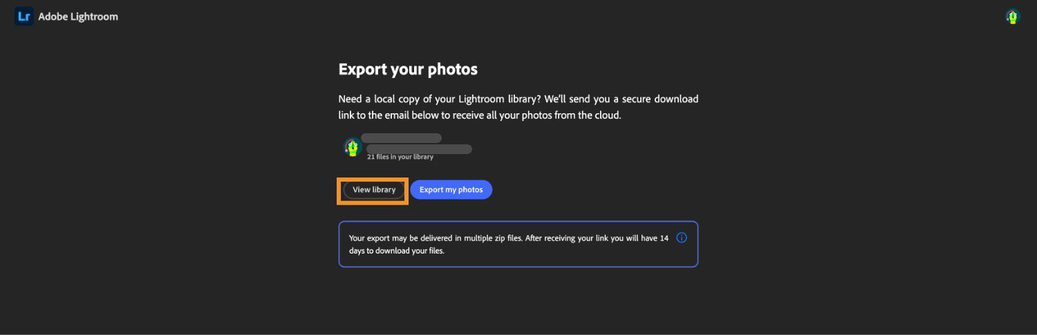 Lightroom export page with user library info, buttons to view library or export photos, and a note about a 14‑day download window.