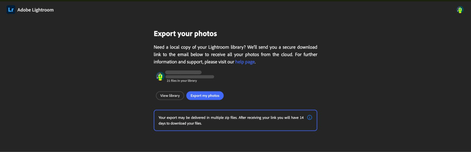 Lightroom export page with user library info, buttons to view library or export photos, and a note about a 14‑day download window.