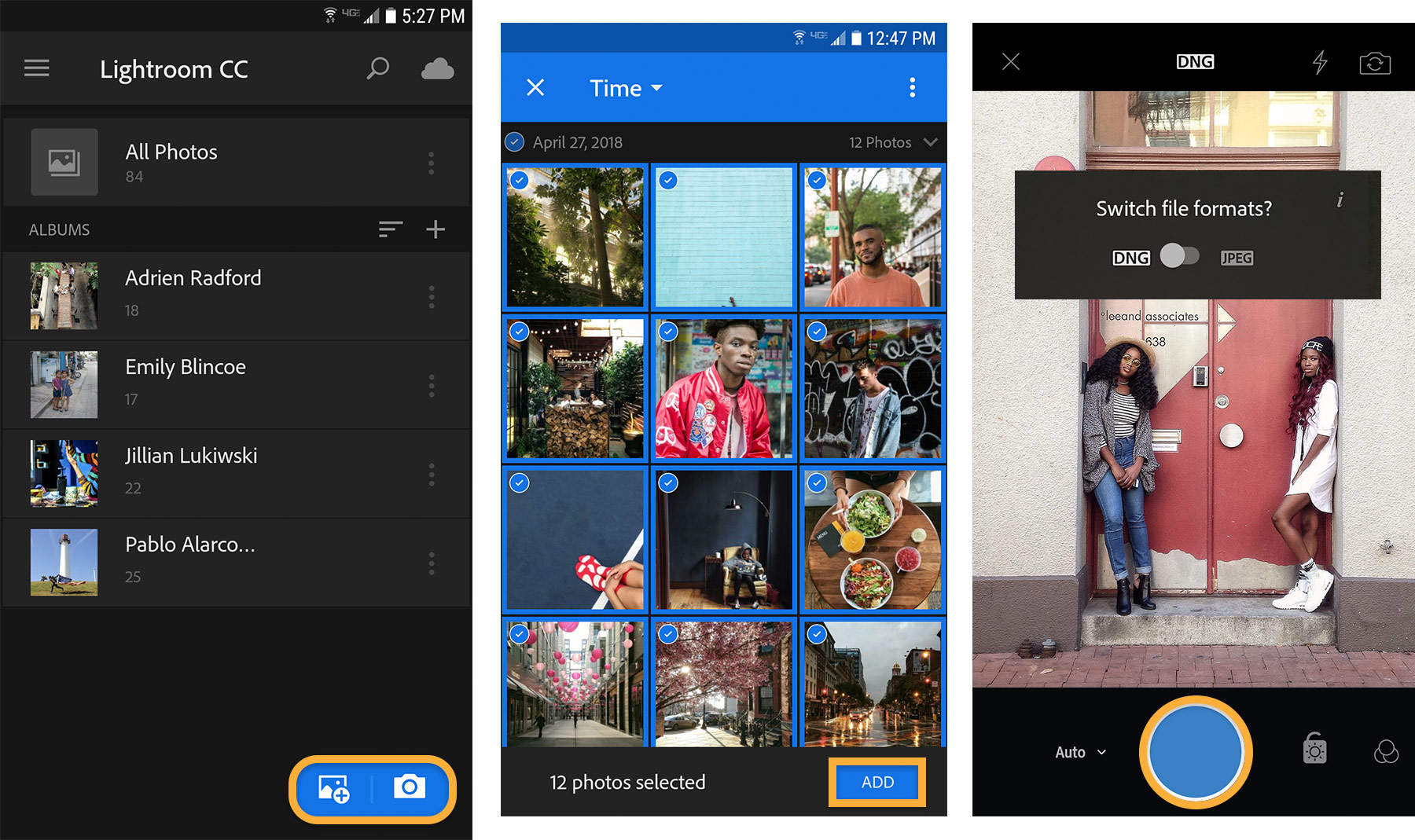 Tap blue image icon in the lower right, select photos to add, then tap Add to add photos from an Android device.