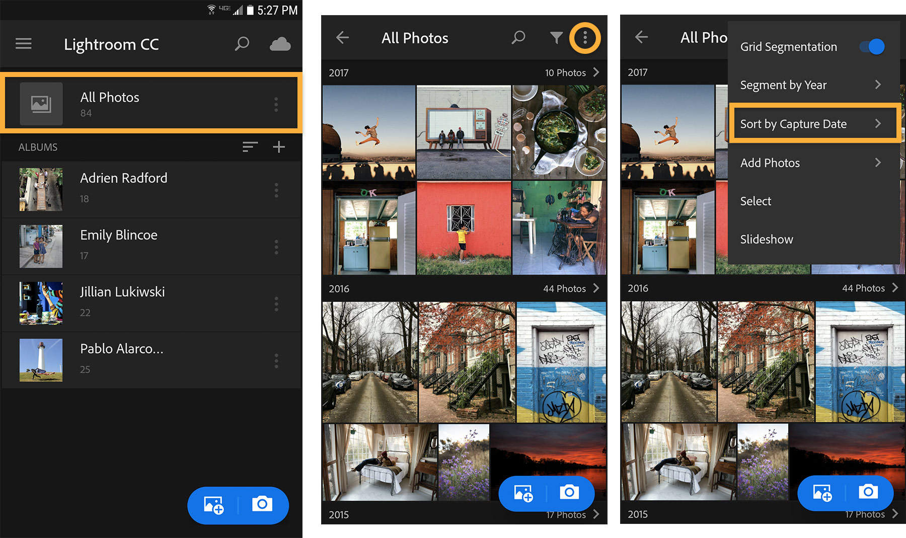 Tap All Photos to see photos sorted by capture date. Sort order is changed under Sort by Capture Date menu item.