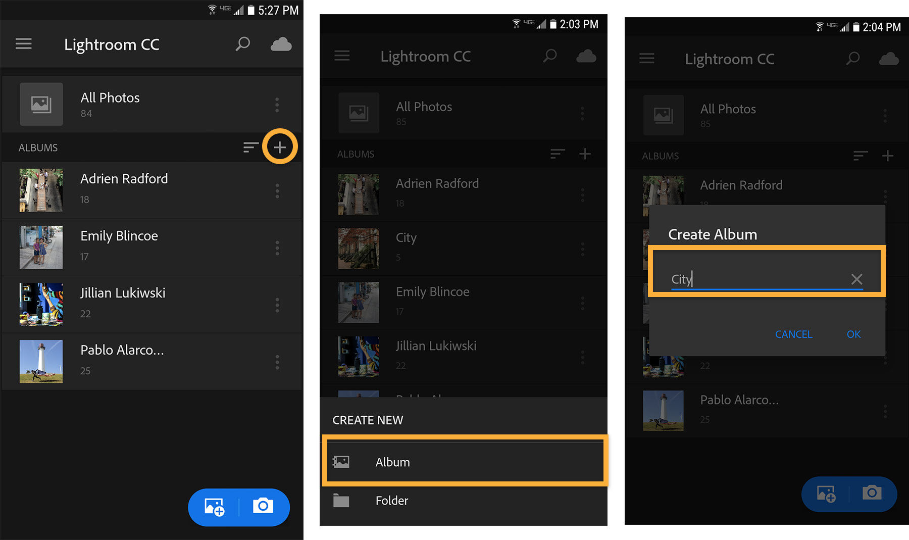 Click + sign, (Create New) Album, then name the album to create a new album for organizing photos.