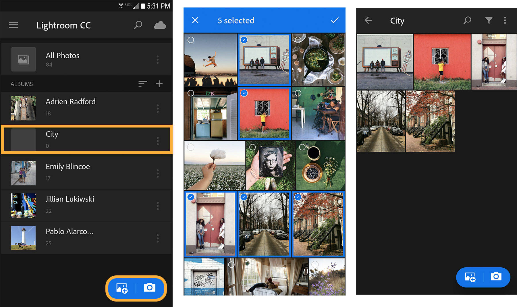 Tap the album name, select photos from device, or take new photos to add to an album.