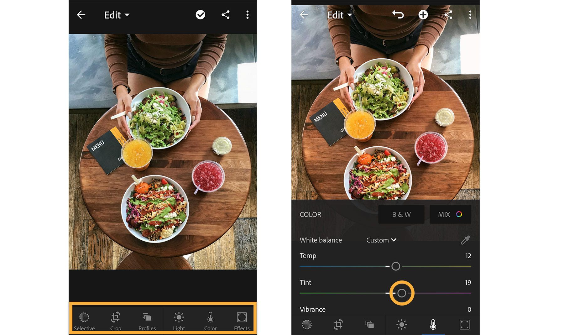Editing controls appear at the bottom of Lightroom for mobile.