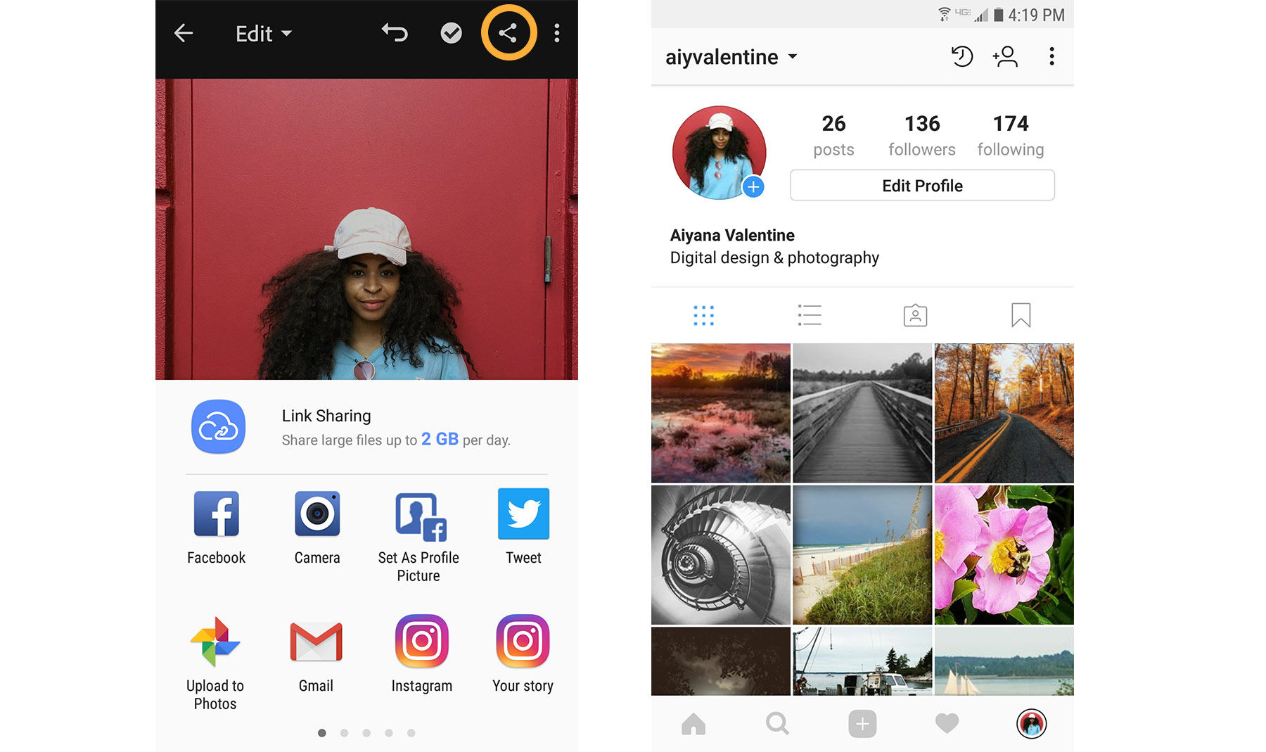 Open an image, tap the share icon to share by text, email, or social media. 