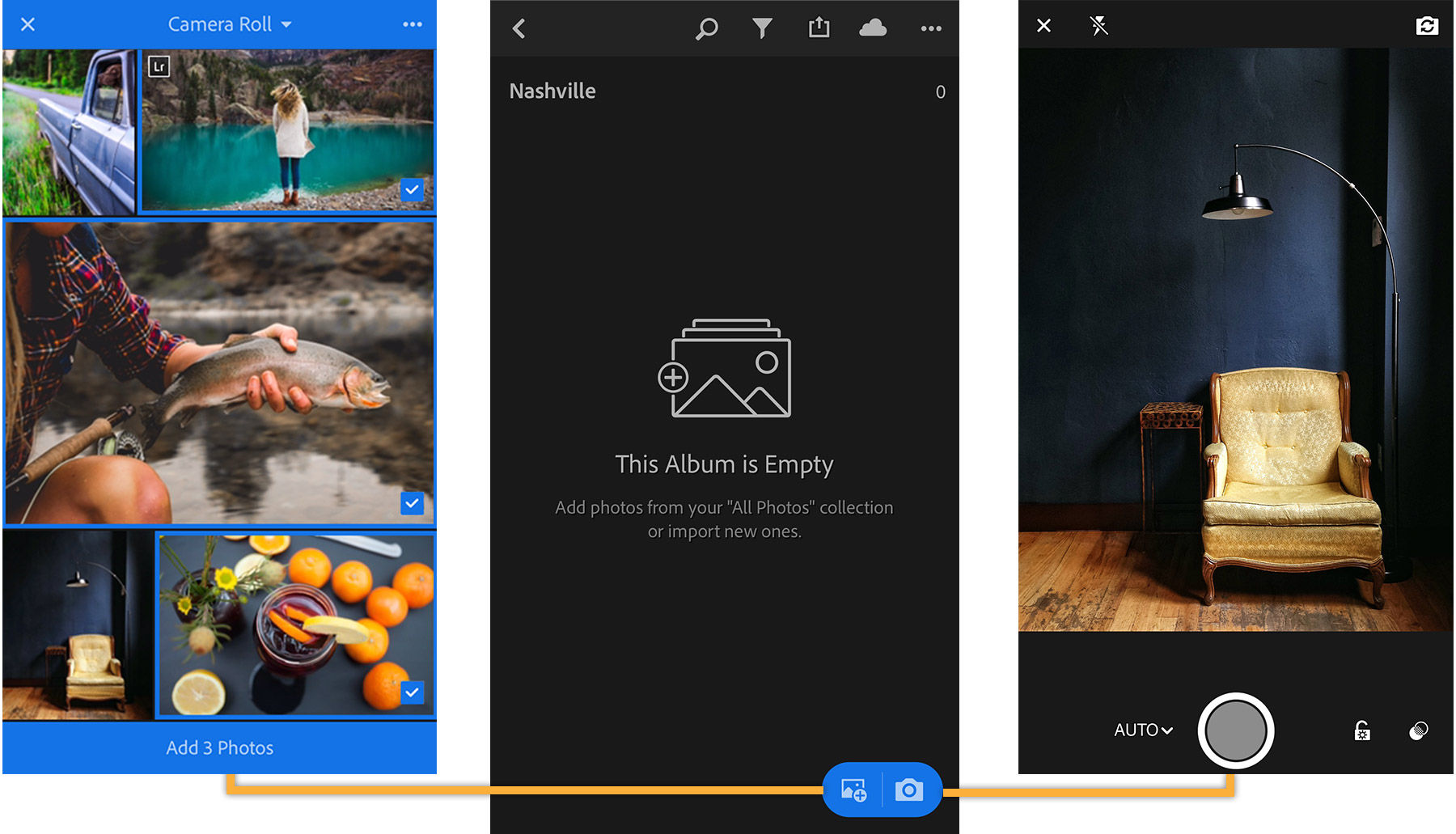 Open an album and tap the blue Add Photos button to add photos from camera roll or tap the camera icon to take new photos.