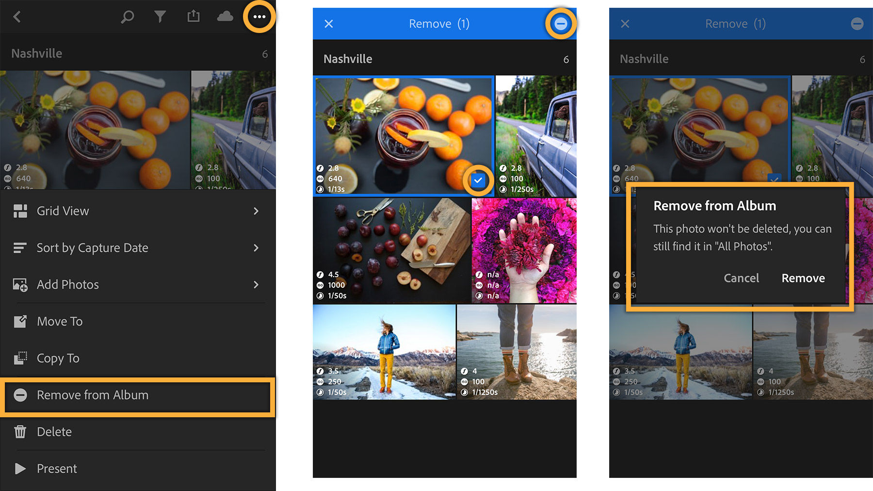 With an album open, tap the three dots then Remove from Album to remove image from album but keep in All Photos.