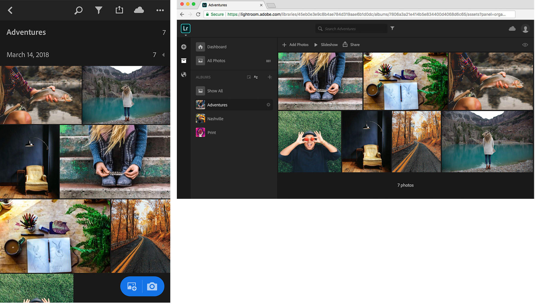 Albums and photos edited on Lightroom for mobile are synced to Lightroom on the web and desktop.