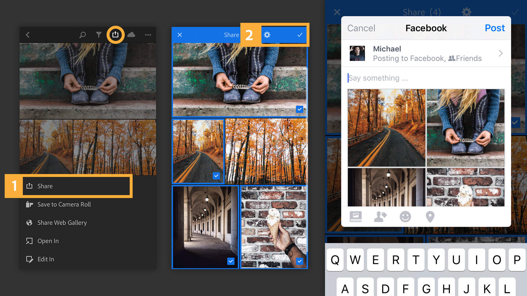 To share multiple photos, tap or swipe individual photos, tap the gear icon, and choose to share with or without metadata.
