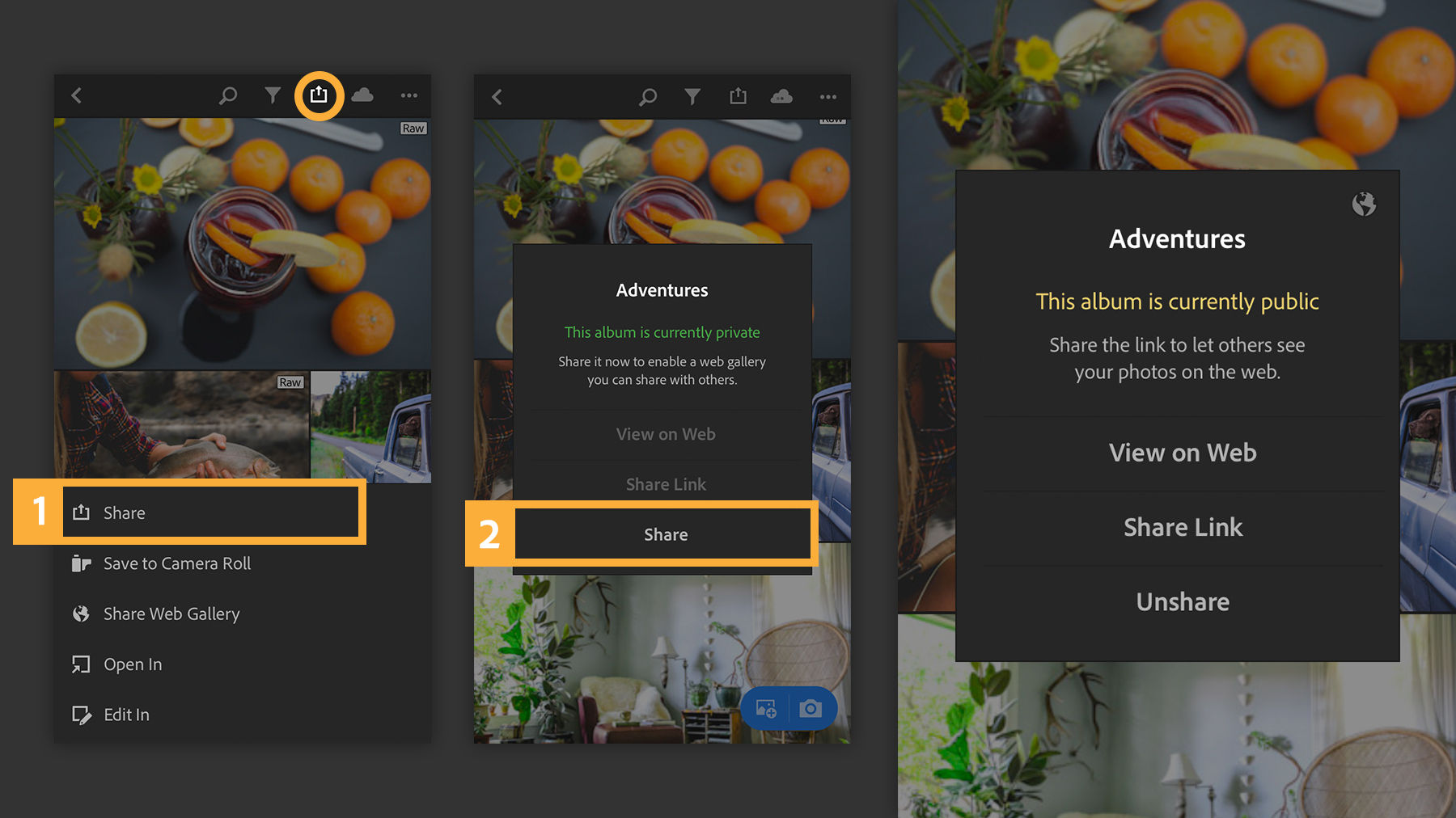 To share albums, tap the share icon, select Share Album, tap Share. Album can be viewed on the web or shared with a URL.