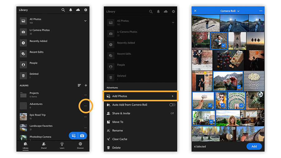 The Lightroom for mobile app with Add Photos highlighted (left), and selected thumbnails ready to add to a new album (right).