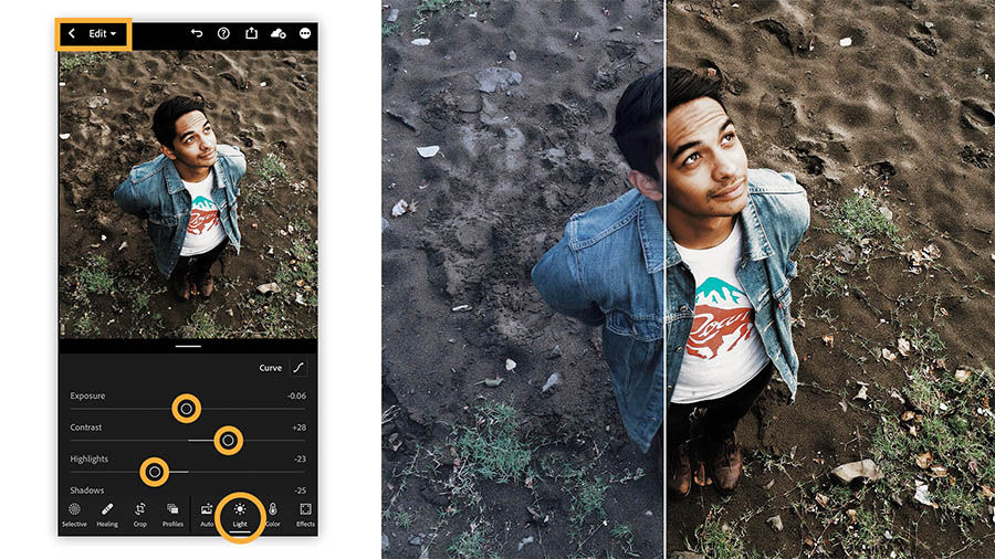 The Edit screen in the Lightroom for mobile app with adjustment sliders highlighted, accompanied by a before-and-after view of a portrait.