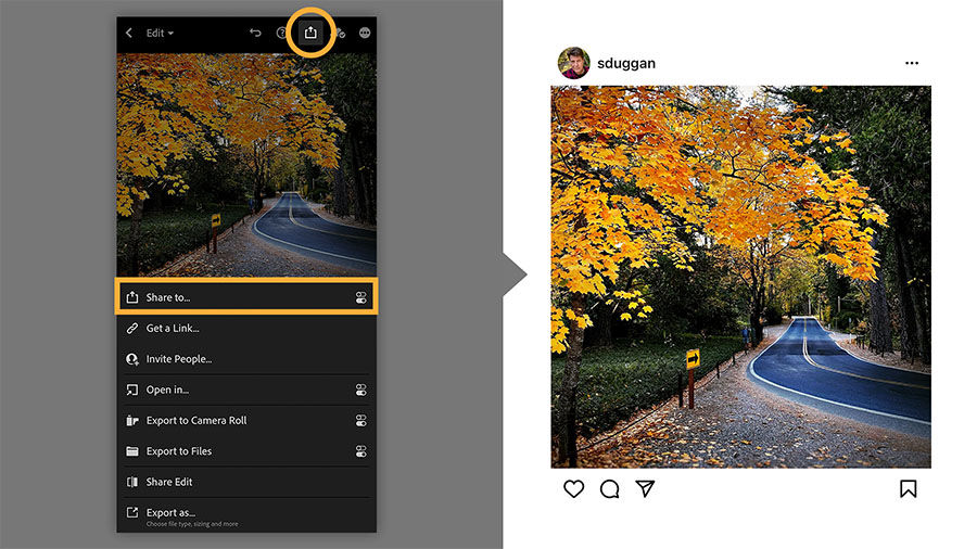 A photo seen on the share screen in the Lightroom for mobile app (left), accompanied by a view of the same photo shared on Instagram (right).