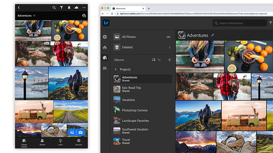 Photos saved in an album in the Lightroom for mobile app (left), the same album of photos are shown in Lightroom on the web (right).