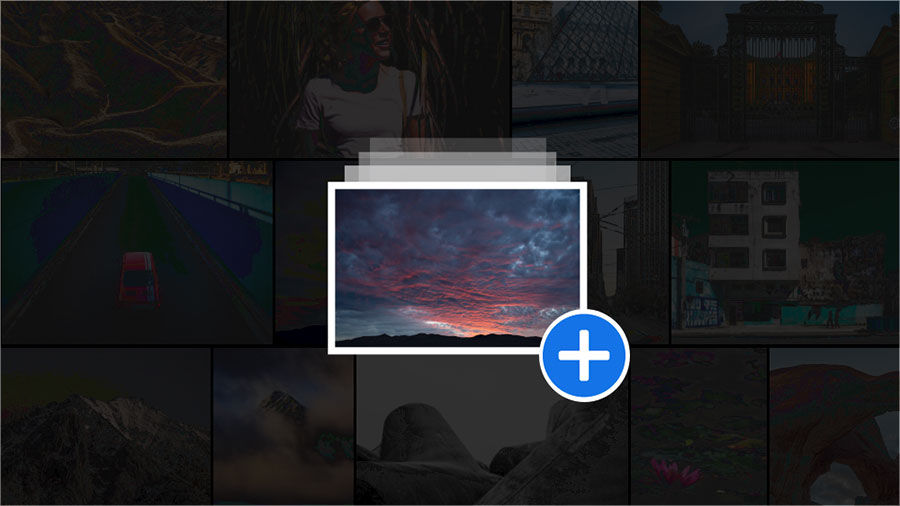 A grid of darkened photos, one is highlighted at the center with a plus icon