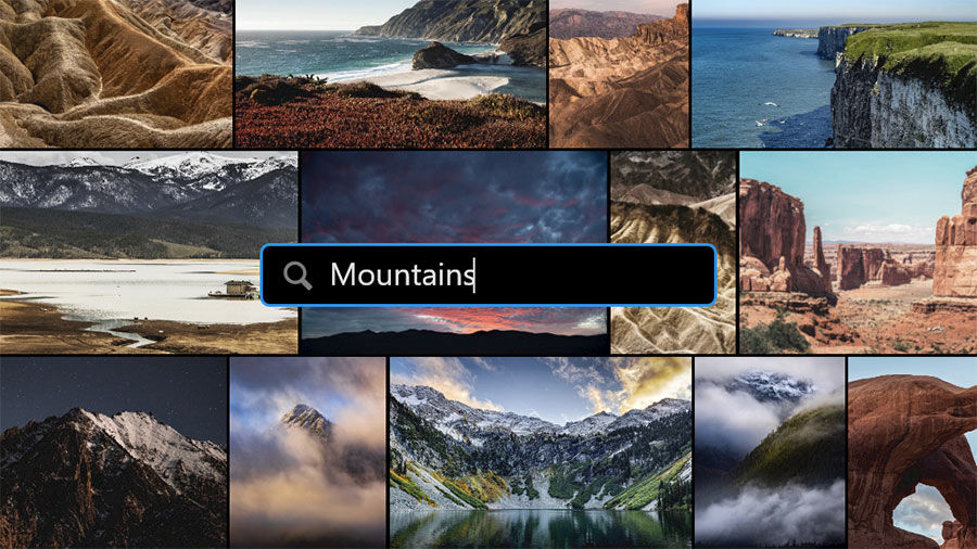 An assortment of mountain photos with a search bar over them with the word "Mountains"