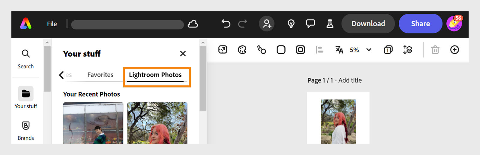 The image shows the photos in the left panel from the Lightroom. Select any photo and it will appear in the Adobe Express editor. 