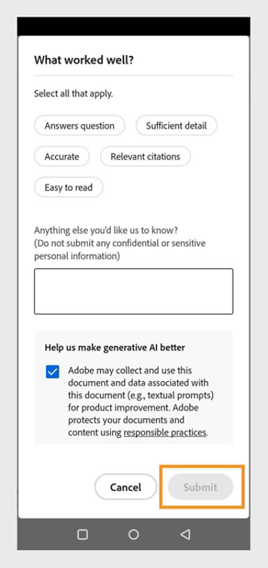 Acrobat's AI Assistant feedback window is shown. The feedback options include answers question, sufficient detail, accurate, relevant citations, and easy to read. You can also enter your own feedback in the box given. The submit button is highlighted in the window. 