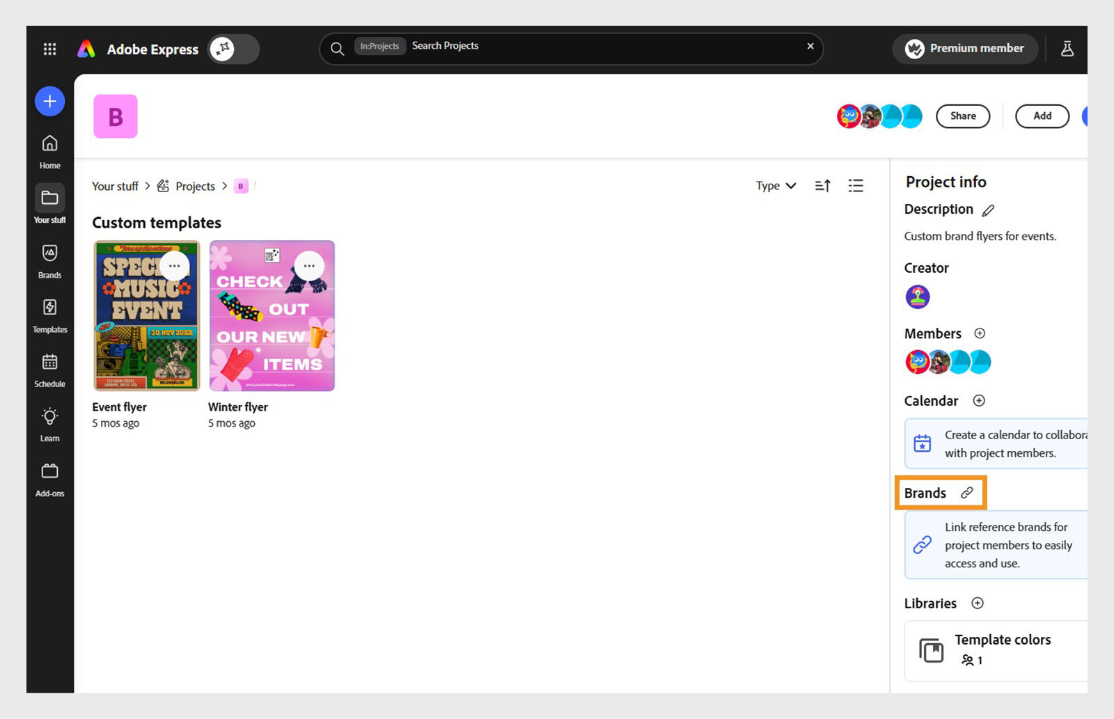 Adobe Express Projects section open showing the "Projects info" panel. The panel highlights the option to "Link brands."
