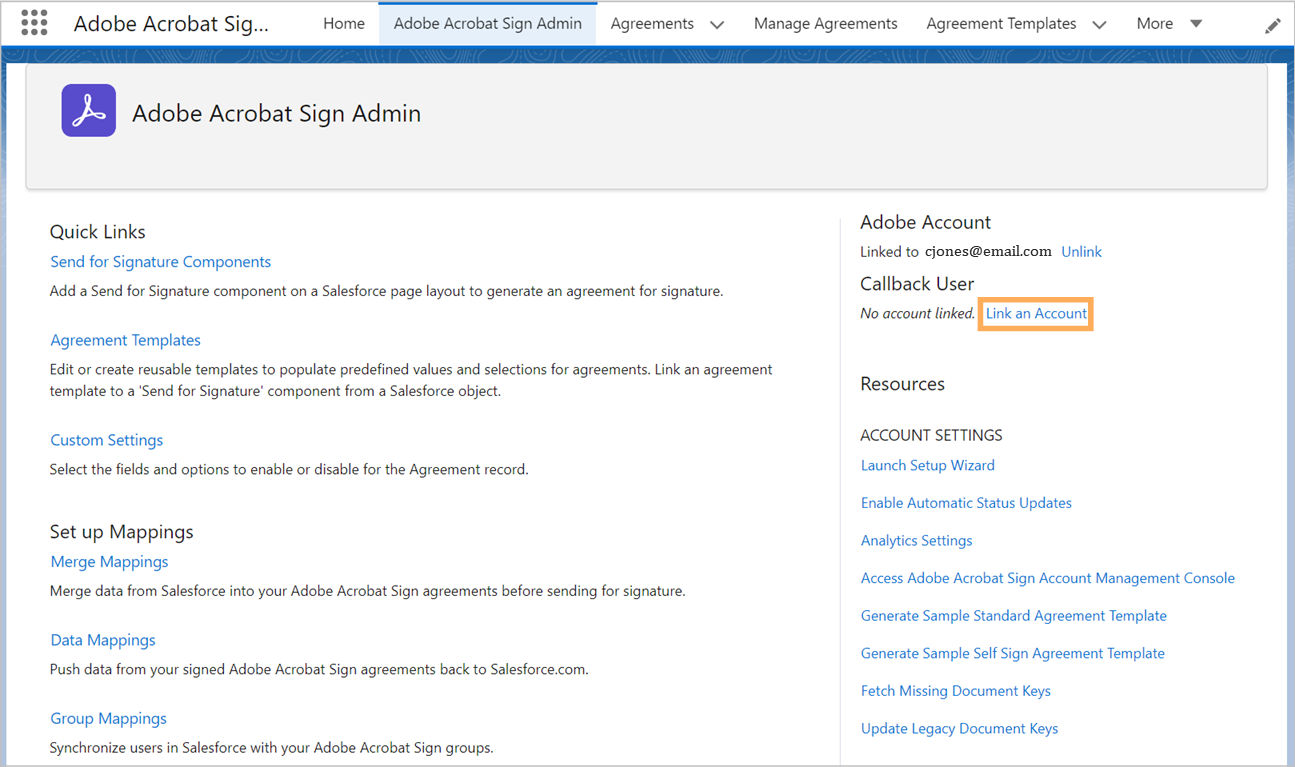 Vincular cuenta de devolución de llamada en la página de administración de Acrobat Sign para Salesforce.