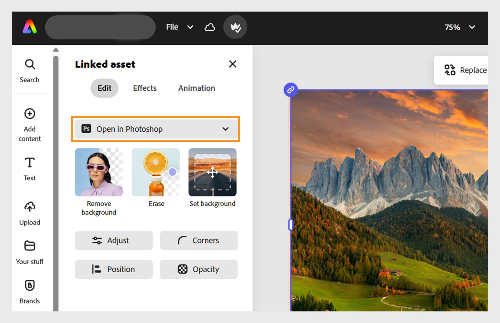  Screen shows the editor workflow open in Adobe Express with "Open in Photoshop" under "Linked Asset" highlighted. Selecting "Open in" launches the file on the editor.