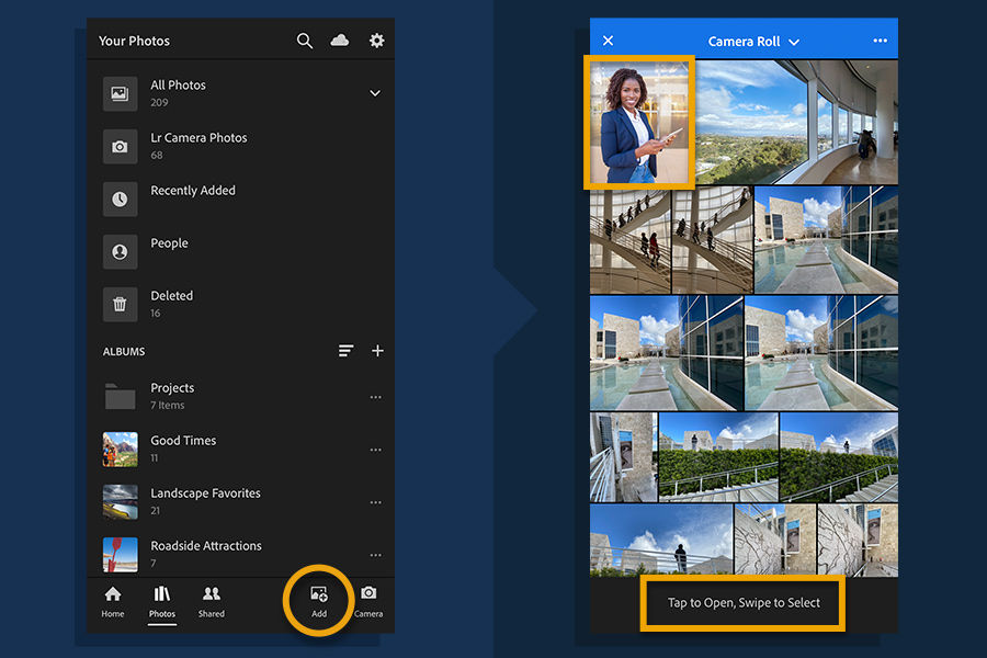 Tap Add Photo, then swipe to select a thumbnail in the Camera Roll. Tap the thumbnail to open the image. 