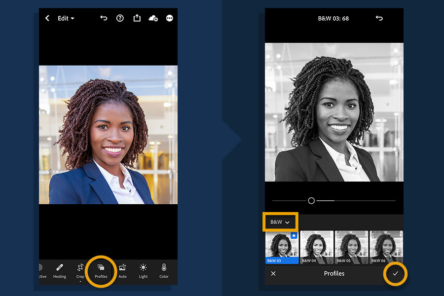 Tap the B&W profiles to preview them and control the strength of a profile by dragging the slider