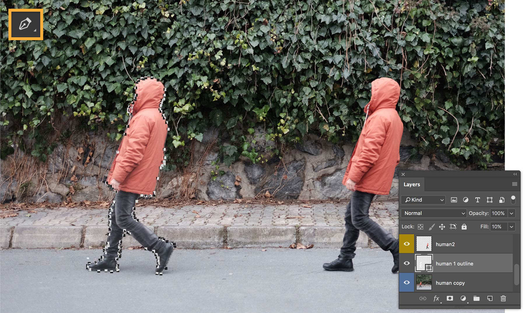 Two identical figures shown, one has path points around the shape - the layers panel is open with "human 1 outline" selected