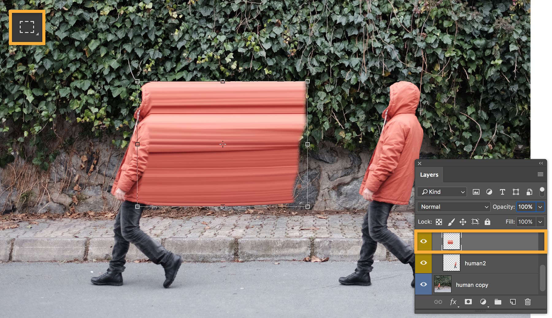 The orange coat of the figure in front is selected and being stretched back to manipulate the image