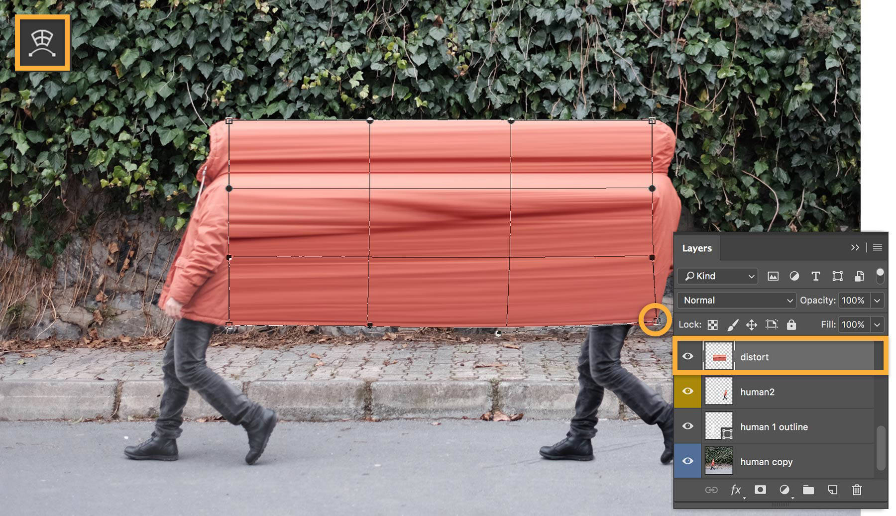 The orange coat is stretched all the way to the figure in back joining them together