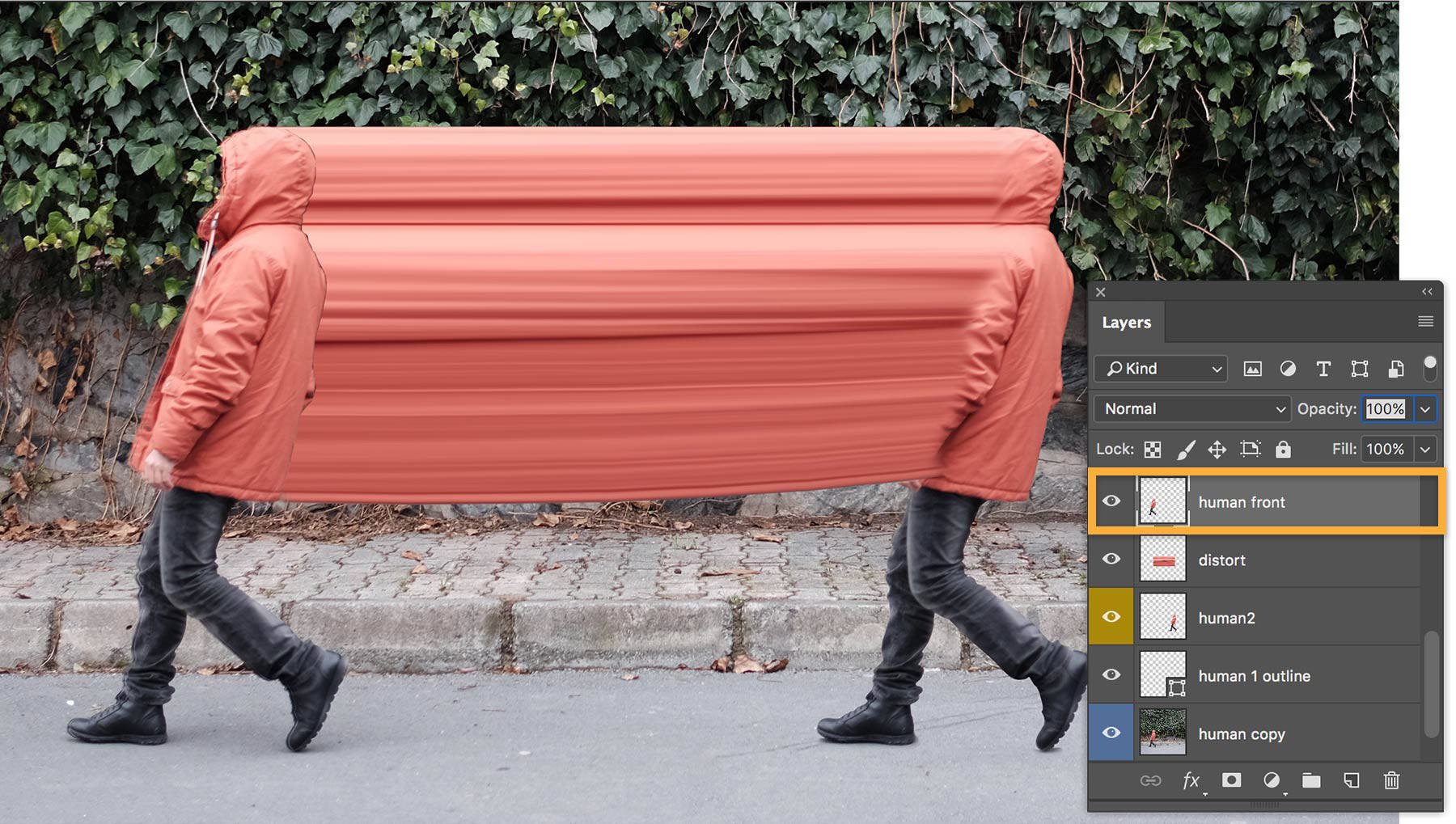 The layers panel is open with "human front" selected
