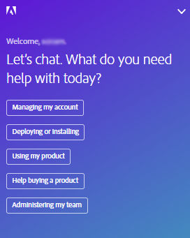 Live chat window with a set of pre-defined chat topics