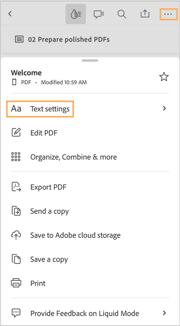 Zmeňte textové nastavenia v tekutom režime v aplikácii Acrobat iOS