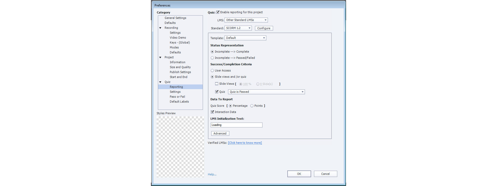 Preferences dialog box for configuring LMS reporting options