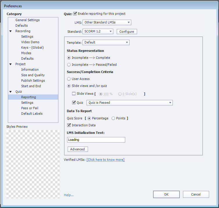 Preferences dialog box for configuring LMS reporting options