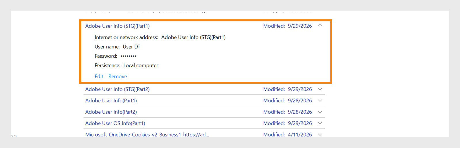 The Credential Manager window shows all the credentials, with options to edit or remove credential details. 