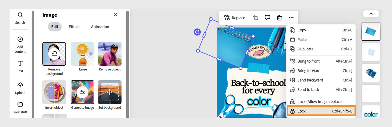 Select the three dot (More) icon above the selected layer and use the dropdown menu to select the Lock icon.