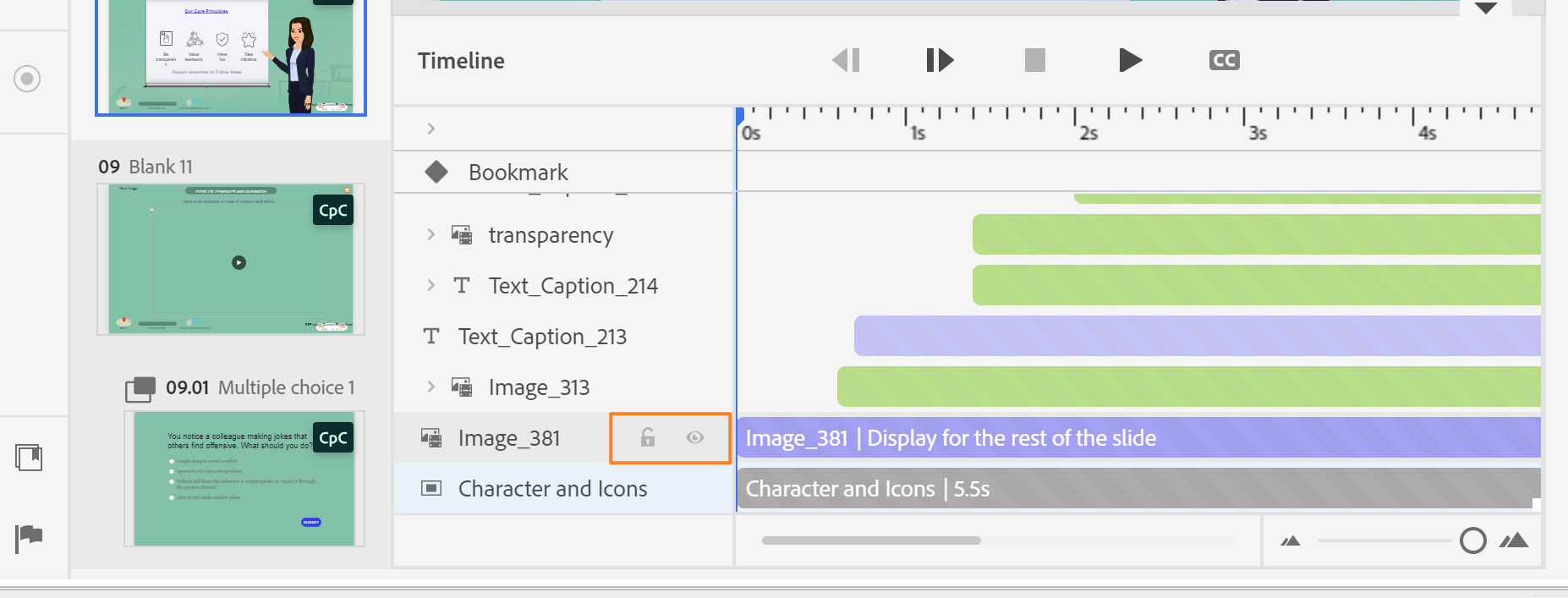 Cronología de Captivate que muestra iconos de ojo y candado en las filas de objetos con un objeto bloqueado en el lienzo.